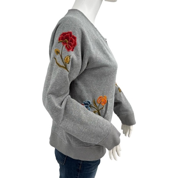 DRIFTWOOD Tops - DRIFTWOOD Small Zip Up Hoodie Heathered Gray Floral Butterfly Embroidered Teddy